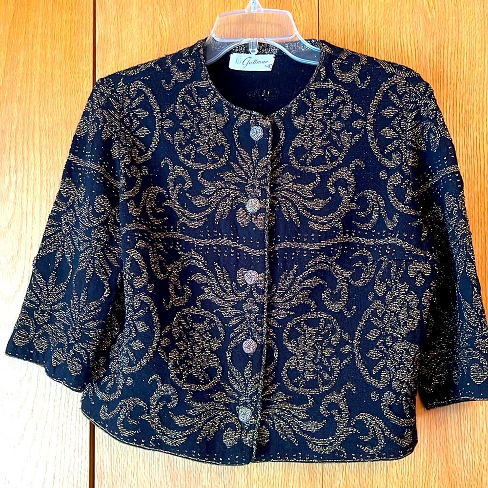 Vintage 1950s Guttman Knitwear black gold 1/2 Sleeve Button Cardigan L size 40